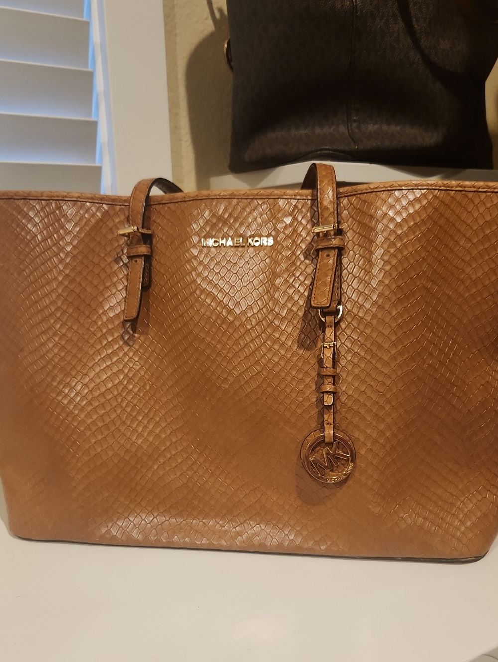 Michael Kors Brown Snake-Embossed Tote with Gold Accent